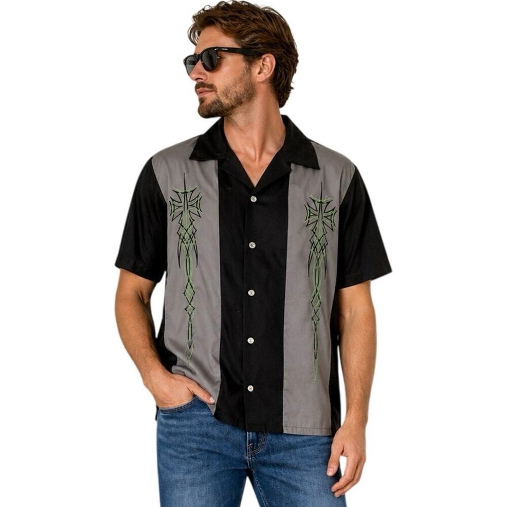 Hard Chrome Gear Bowling Shirt 2XL Black Gray Tribal Cross Rockabilly Y2K